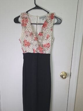 Almost Famous Black Midi Dress with Ivory & Coral Floral Bodice